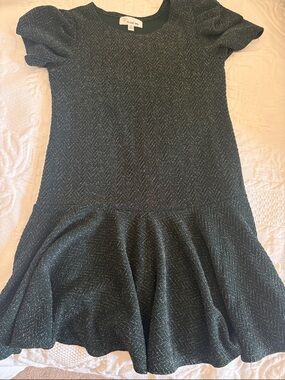 Metallic Green Puff-Sleeve Fit & Flare Dress